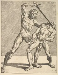 Two Fencers, from Fencers, plate 7, 1552. Creators: Dirck Volkertsen Coornhert, Cornelis Bos