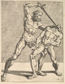 Two Fencers, from Fencers, plate 7, 1552. Creators: Dirck Volkertsen Coornhert, Cornelis Bos