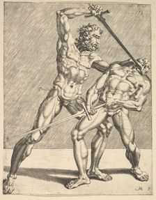 Two Fencers, from Fencers, plate 7, 1552. Creators: Dirck Volkertsen Coornhert, Cornelis Bos