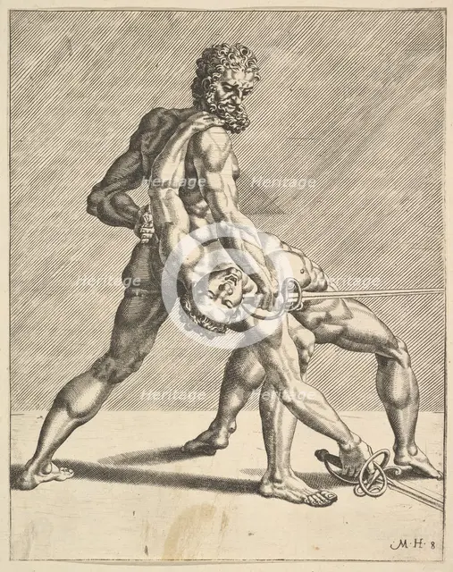 Two Fencers, from Fencers, plate 8, 1552. Creators: Dirck Volkertsen Coornhert, Cornelis Bos.