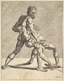 Two Fencers, from Fencers, plate 8, 1552. Creators: Dirck Volkertsen Coornhert, Cornelis Bos