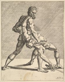 Two Fencers, from Fencers, plate 8, 1552. Creators: Dirck Volkertsen Coornhert, Cornelis Bos