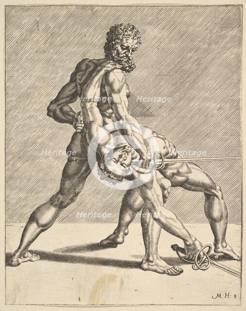 Two Fencers, from Fencers, plate 8, 1552. Creators: Dirck Volkertsen Coornhert, Cornelis Bos.