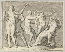 Two Figures, a Faun, and a Satyr approach a Recliniing Woman, published ca. 1599-1622. Creator: Unknown
