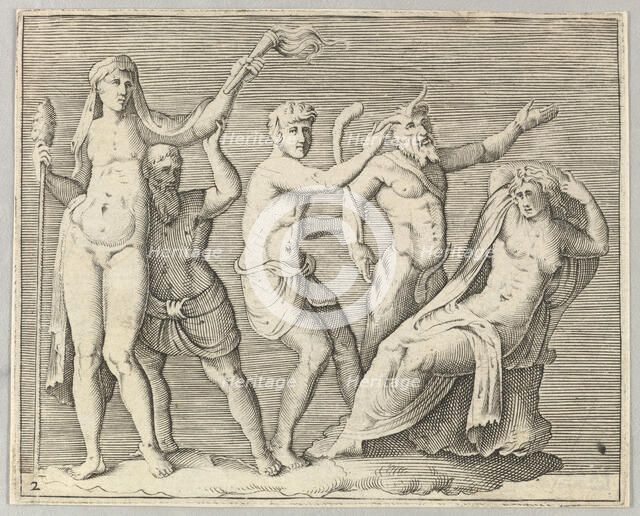 Two Figures, a Faun, and a Satyr approach a Recliniing Woman, published ca. 1599-1622. Creator: Unknown.