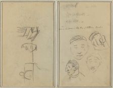 Two Figures and a Bench; Three Studies of Men's Heads and One of a Hand [recto], 1884-1888. Creator: Paul Gauguin