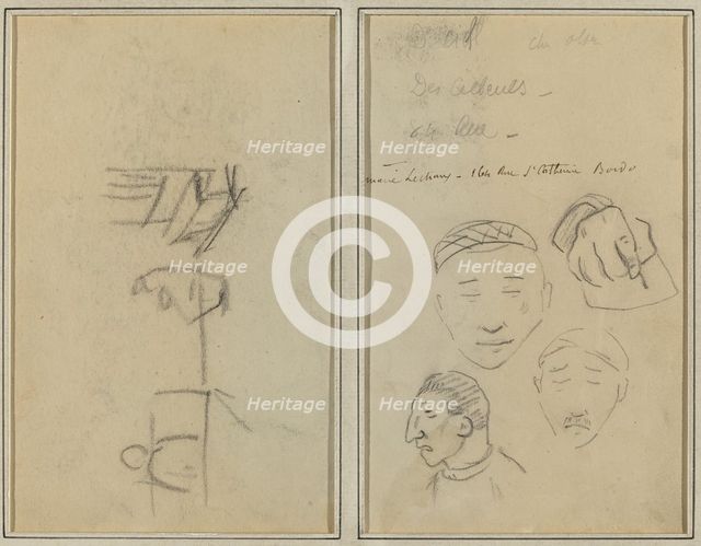 Two Figures and a Bench; Three Studies of Men's Heads and One of a Hand [recto], 1884-1888. Creator: Paul Gauguin.