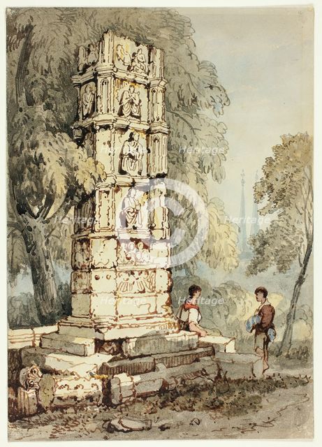 Two Figures Beside Medieval Ruins, with Church in Distance, n.d. Creator: Samuel Prout.
