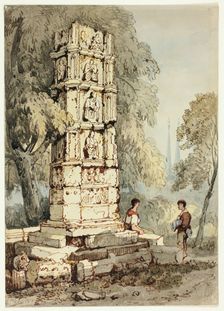 Two Figures Beside Medieval Ruins, with Church in Distance, n.d. Creator: Samuel Prout