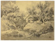 Two Figures Punting on Woodland Stream, n.d. Creator: William Henry Pyne