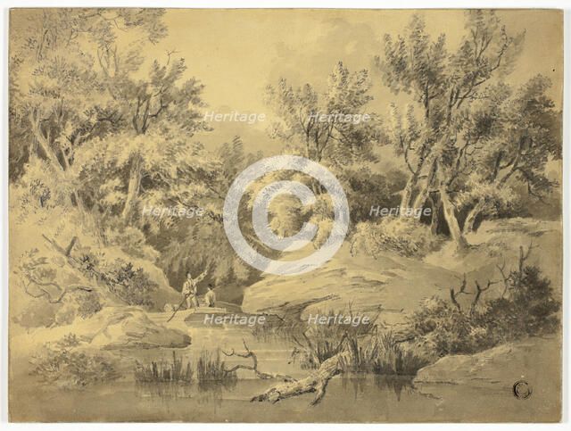 Two Figures Punting on Woodland Stream, n.d. Creator: William Henry Pyne.