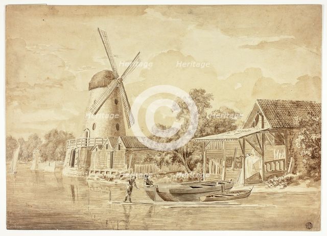 Two Figures with Docked Boats near Windmill, n.d. Creator: Hendrik Frans de Cort.
