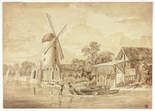 Two Figures with Docked Boats near Windmill, n.d. Creator: Hendrik Frans de Cort