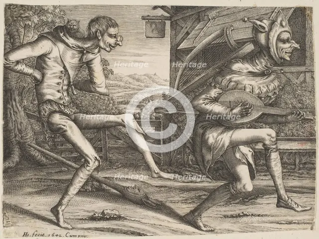Two Fools Dancing from Two and Three Fools of the Carnival, 1642. Creator: Hendrick Hondius I.