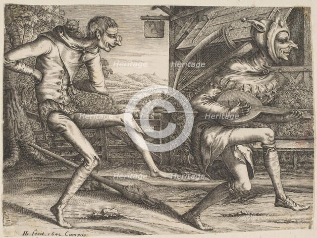 Two Fools Dancing from Two and Three Fools of the Carnival, 1642. Creator: Hendrick Hondius I.