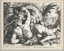 Two Followers of Cadmus devoured by a Dragon. (After Cornelis Cornelisz van Haarlem), 1588. Creator: Goltzius, Hendrick (1558-1617)