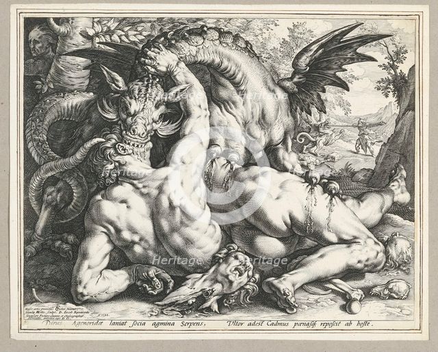 Two Followers of Cadmus devoured by a Dragon. (After Cornelis Cornelisz van Haarlem), 1588. Creator: Goltzius, Hendrick (1558-1617).
