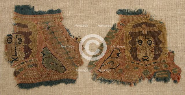 Two Fragments with Human Faces and Birds, Coptic, 5th century. Creator: Unknown.