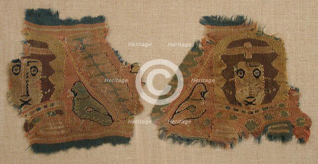 Two Fragments with Human Faces and Birds, Coptic, 5th century. Creator: Unknown.