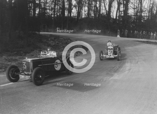 Two Frazer-Nash cars racing at Donington Park, Leicestershire, 1930s. Artist: Bill Brunell.