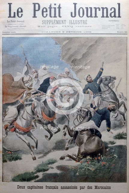 Two French army captains attacked and killed by Morrocans, Morocco, 1902. Artist: Unknown