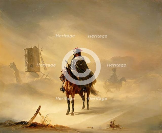 Two French Hussars on Patrol in Winter, 1840. Creator: Auguste Raffet.
