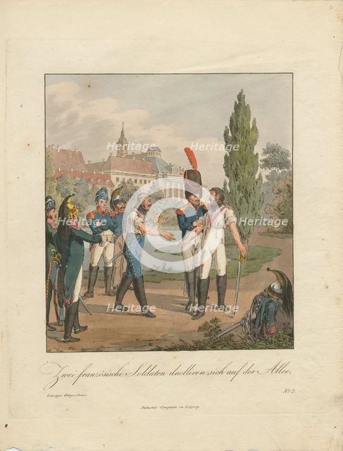 Two French soldiers fighting a duel on an avenue. Artist: Geissler, Christian Gottfried Heinrich (1770-1844)