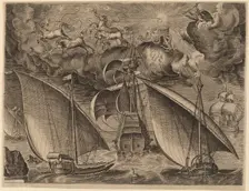 Two Galleys behind an Armed Three-Master with Phaethon and Jupiter in the Sky, 1565. Creator: Frans Huys