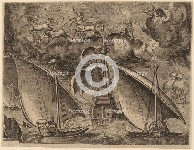 Two Galleys behind an Armed Three-Master with Phaethon and Jupiter in the Sky, 1565. Creator: Frans Huys.