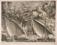 Two Galleys Sailing Behind an Armed Three-Master with Phaeton and Jupiter in the Sky, f..., 1561-65. Creator: Frans Huys