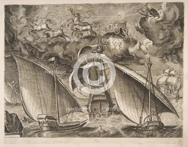 Two Galleys Sailing Behind an Armed Three-Master with Phaeton and Jupiter in the Sky, f..., 1561-65. Creator: Frans Huys.