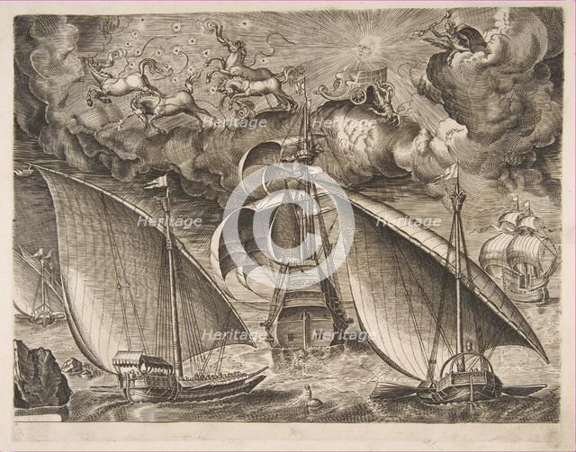 Two Galleys Sailing Behind an Armed Three-Master with Phaeton and Jupiter in the Sky, f..., 1561-65. Creator: Frans Huys.