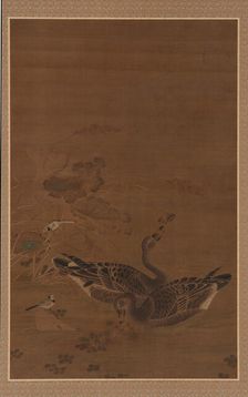 Two Geese Feeding in a Lotus Pond, Ming dynasty, 16th-17th century. Creator: Unknown