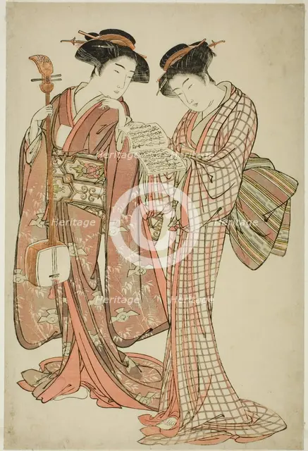 Two Geisha Holding a Shamisen and a Song Book, c. 1777. Creator: Kitao Shigemasa.