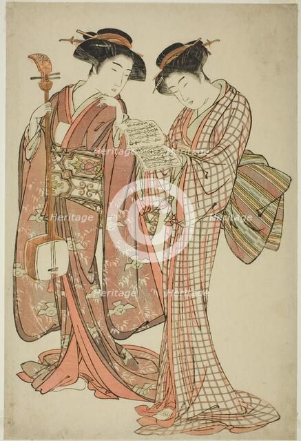 Two Geisha Holding a Shamisen and a Song Book, c. 1777. Creator: Kitao Shigemasa.