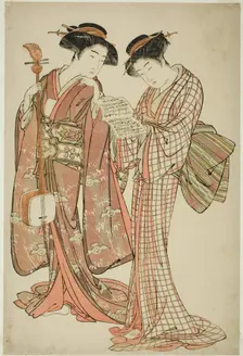 Two Geisha Holding a Shamisen and a Song Book, c. 1777. Creator: Kitao Shigemasa