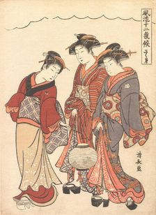 Two Geisha Preceded by a Maid Carrying a Lantern, ca. 1778. Creator: Torii Kiyonaga
