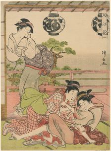 Two Geisha Struggling for a Letter (Fumi no arasoi), from the series "Flowers of Nakasu..., c. 1781. Creator: Torii Kiyonaga