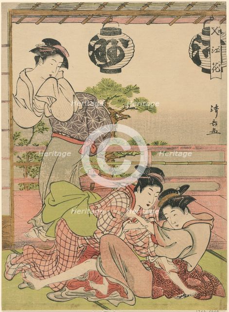 Two Geisha Struggling for a Letter (Fumi no arasoi), from the series "Flowers of Nakasu..., c. 1781. Creator: Torii Kiyonaga.