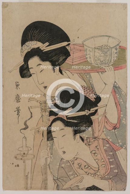 Two Geishas beside a Candle, mid 1800s. Creator: Kitagawa Kikumaro (Tsukimaro) (Japanese).