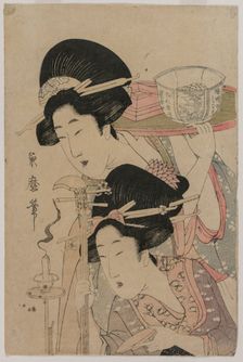 Two Geishas beside a Candle, mid 1800s. Creator: Kitagawa Kikumaro (Tsukimaro) (Japanese)