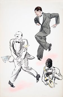 Two gentleman in black tie dancing to jazz, played by a musician on the saxophone, from White Botto