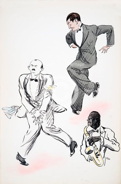 Two gentleman in black tie dancing to jazz, played by a musician on the saxophone, from 'White Botto