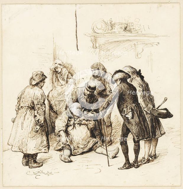 Two Gentlemen Helping a Drunk, 1880/96. Creator: Frederick Barnard.