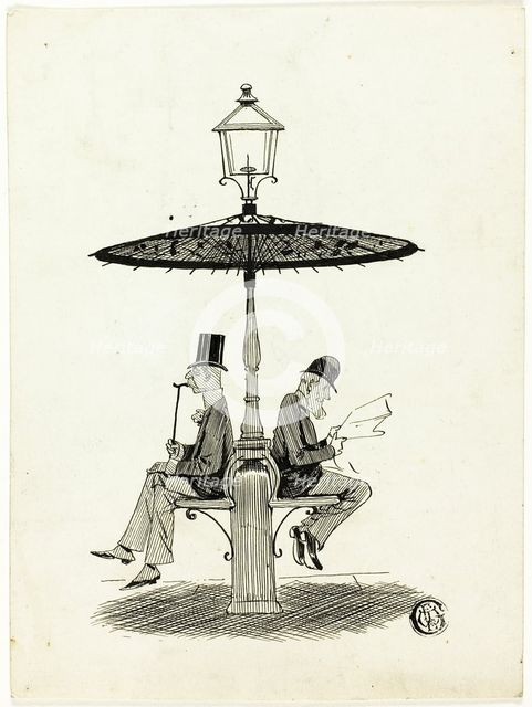 Two Gentlemen Seated Under Lamp Post with Japanese Umbrella, 1850/1911. Creator: S.F. Paynter.