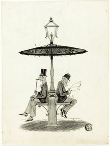 Two Gentlemen Seated Under Lamp Post with Japanese Umbrella, 1850/1911. Creator: S.F. Paynter