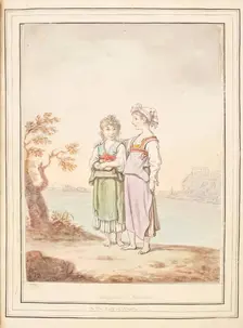 Two Girls of Procida-Island Near Naples, leaf from A Collection of Dresses by David Allan...1776. Creator: David Allan
