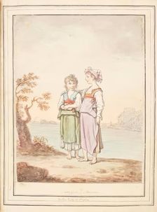 Two Girls of Procida-Island Near Naples, leaf from A Collection of Dresses by David Allan...1776. Creator: David Allan