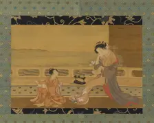 Two girls on a balcony overlooking the sea, Edo period, 1739-1820. Creator: Kitao Shigemasa