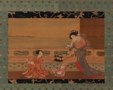Two girls on a balcony overlooking the sea, Edo period, 1739-1820. Creator: Kitao Shigemasa
